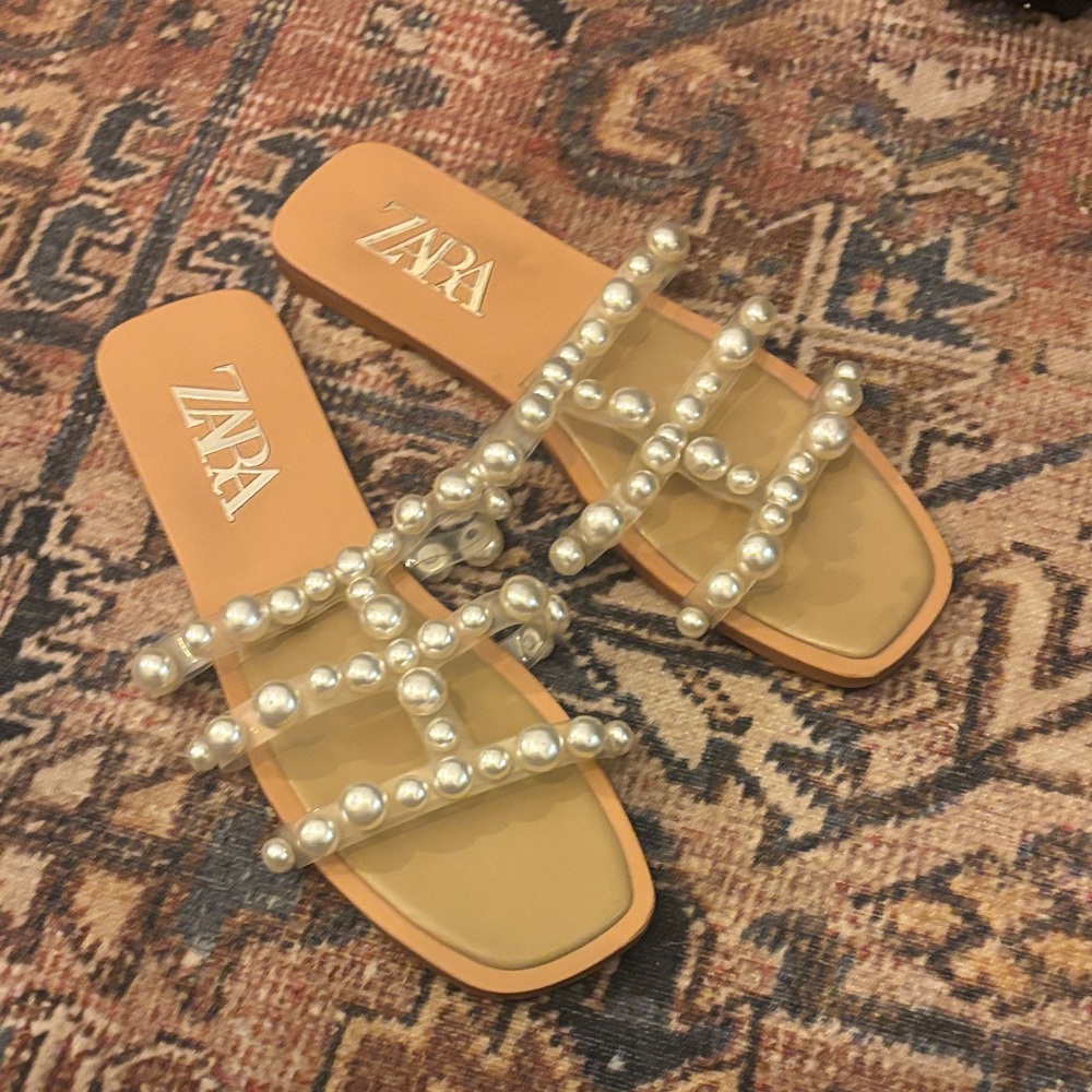 ZARA Tan Slide Sandals with Pearl-Strap Detail